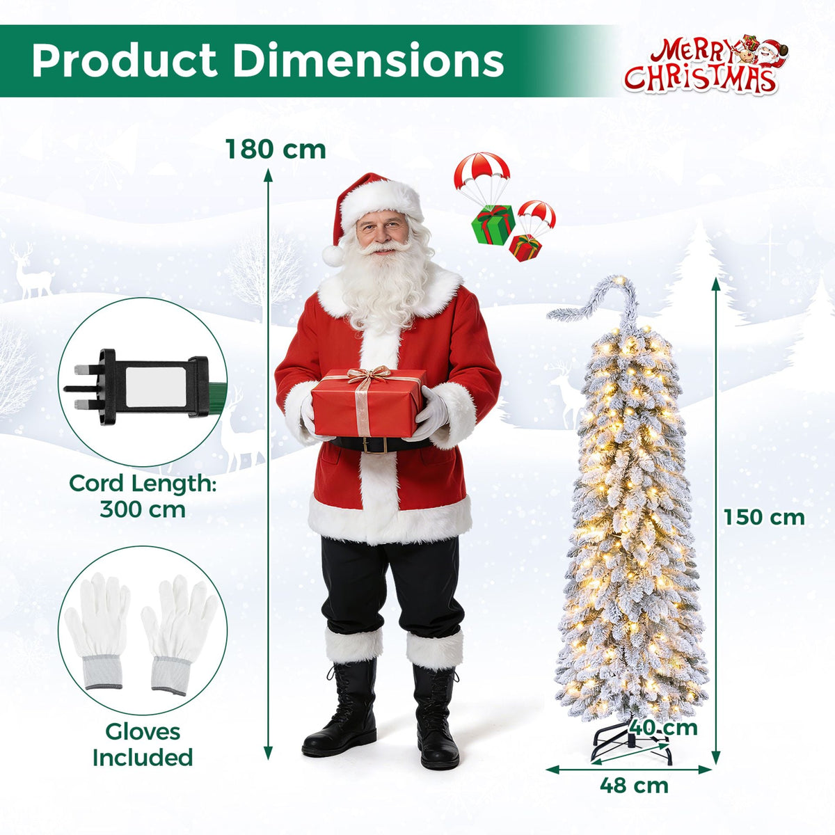 1.5 M Flocked Pencil Christmas Tree with Full Branch Tips