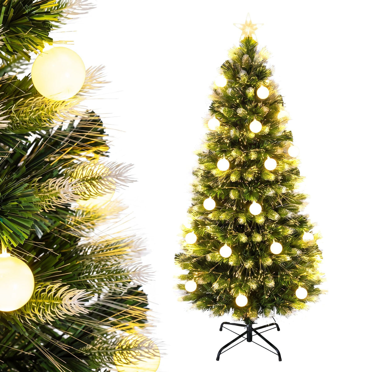 1.5m Artificial Fiber Optic Christmas Tree with Branch Tips and Warm White LED Lights Star Tree Topper