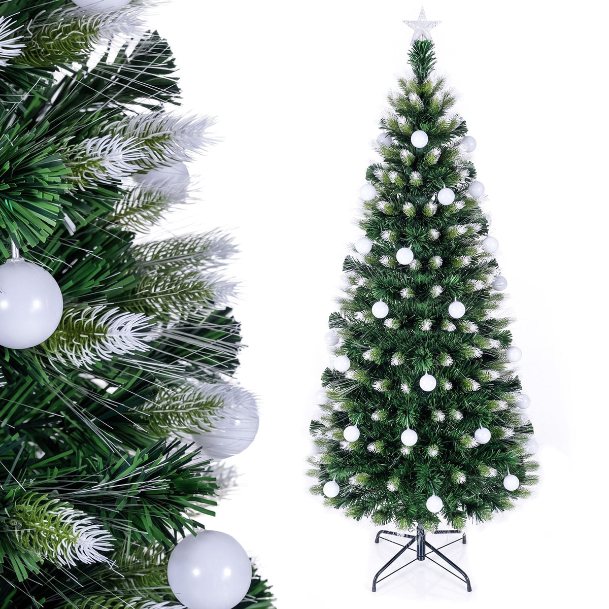 1.8m Artificial Fiber Optic Christmas Tree with Branch Tips and Warm White LED Lights Star Tree Topper