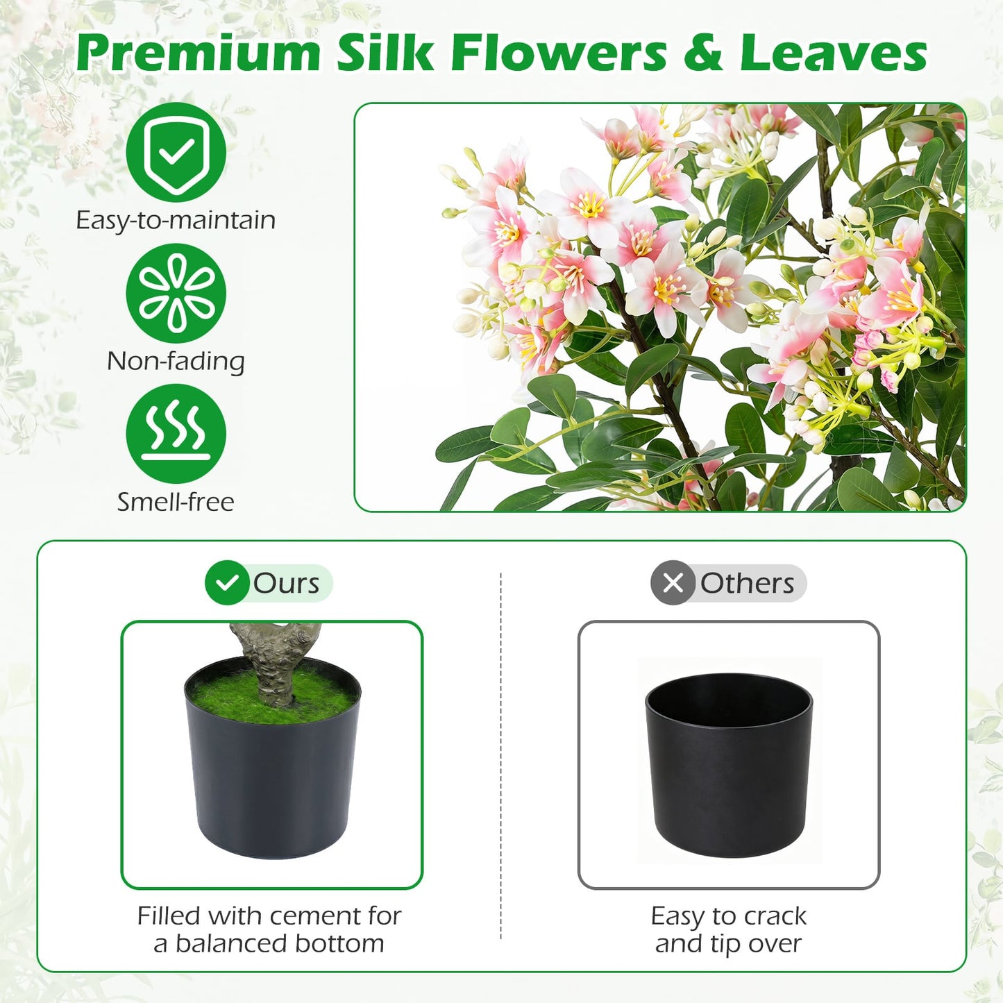 1 Piece 90 CM Artificial Impatiens Blossom Tree Faux Pink Floral Plant in Cement-filled Pot-Pink