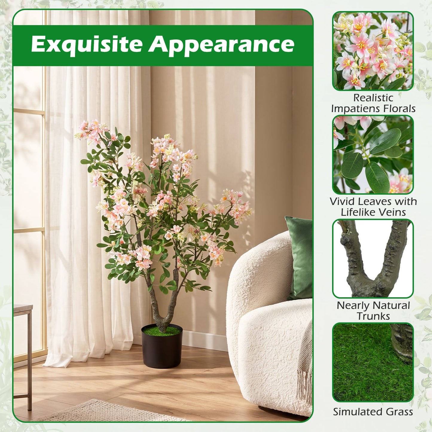 1 Piece 90 CM Artificial Impatiens Blossom Tree Faux Pink Floral Plant in Cement-filled Pot-Pink