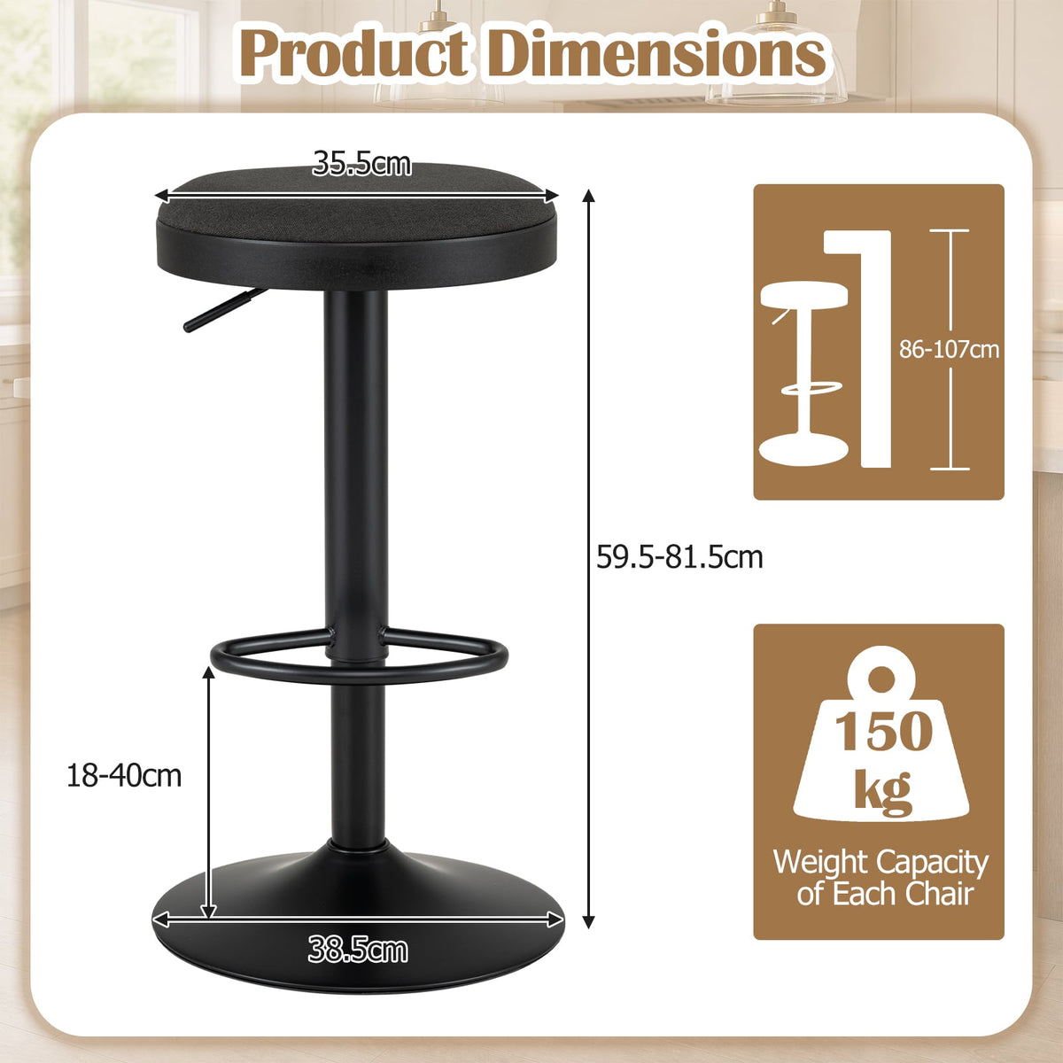 1 Piece Kitchen Bar Stool with Height Adjustment and D-Shaped Footrest-Black