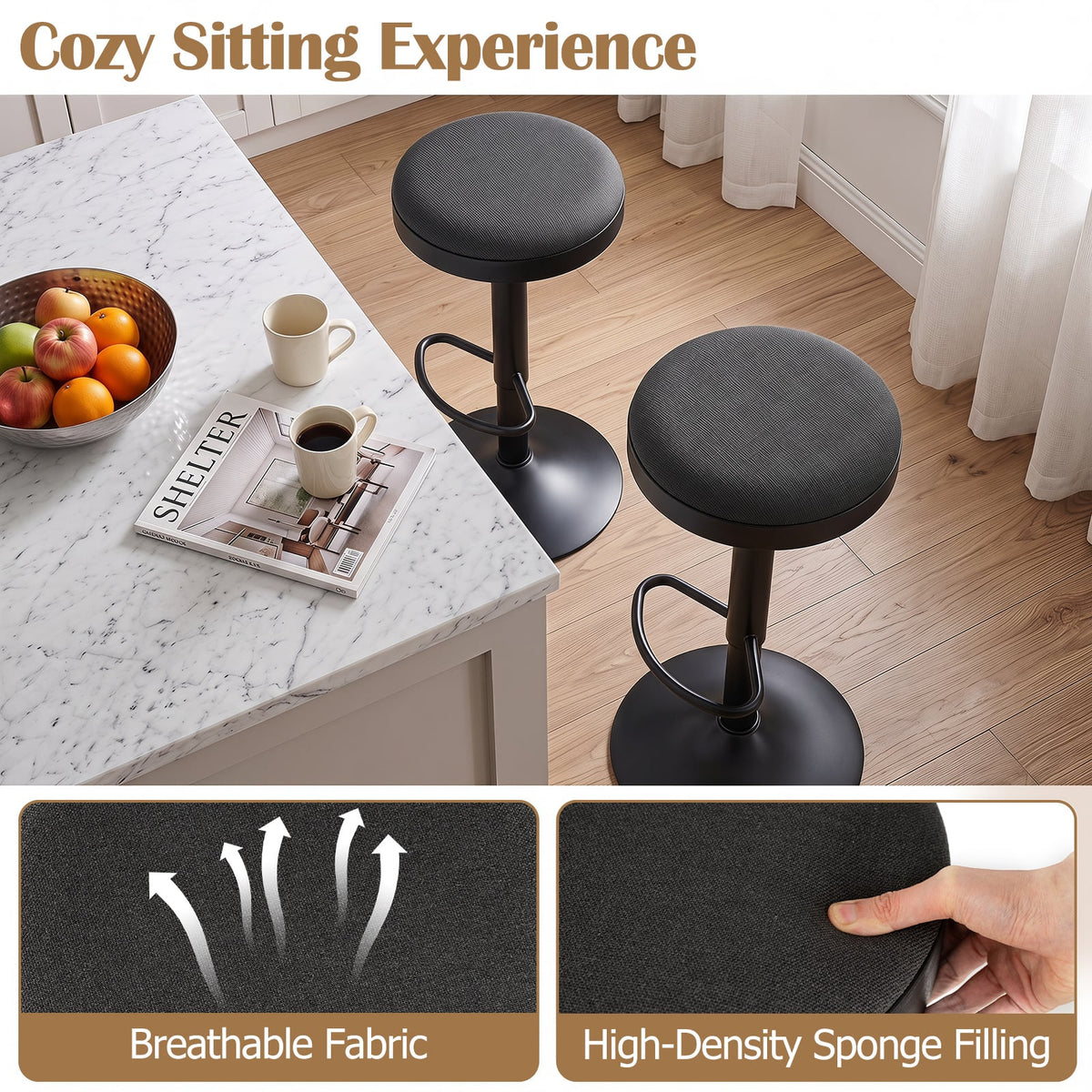 1 Piece Kitchen Bar Stool with Height Adjustment and D-Shaped Footrest-Black