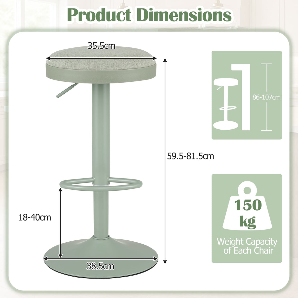 1 Piece Kitchen Bar Stool with Height Adjustment and D-Shaped Footrest-Green