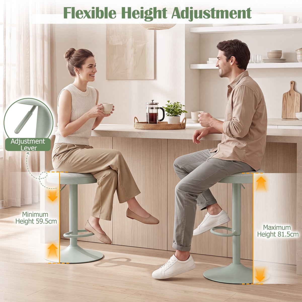 1 Piece Kitchen Bar Stool with Height Adjustment and D-Shaped Footrest-Green