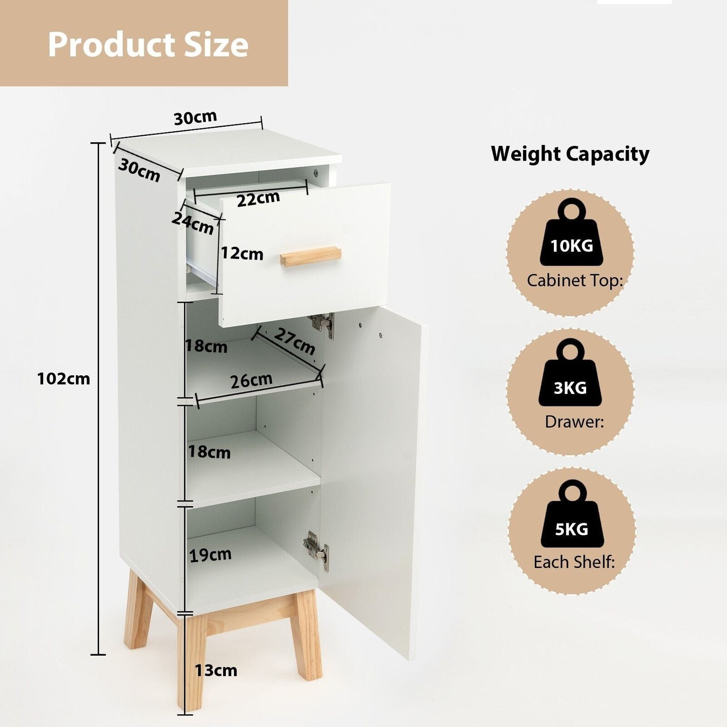 1-Door Freestanding Bathroom Cabinet with Drawer-White - Furniture Gold