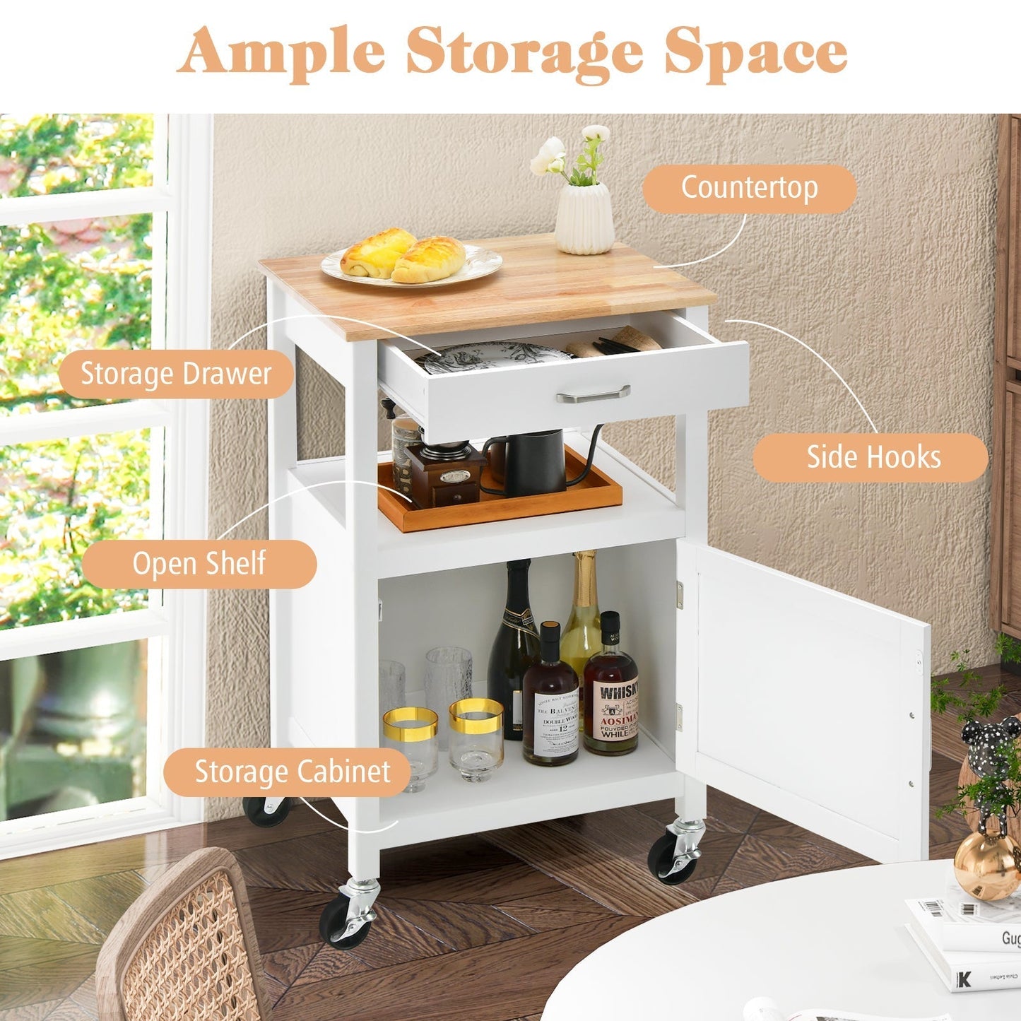 1-Door Kitchen Rolling Island Cart with Storage Drawer and Shelf-White - Furniture Gold