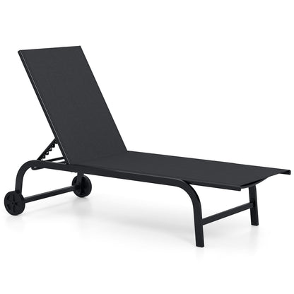 Outdoor Chaise Lounge Chair with Wheels for Balcony Deck in Black
