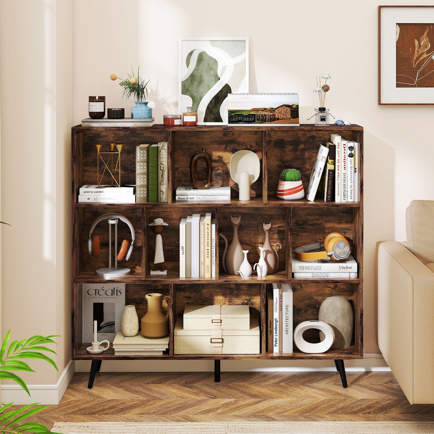 10-Cube Bookcase 120 CM Mid Century Modern Storage Organizer-Brown