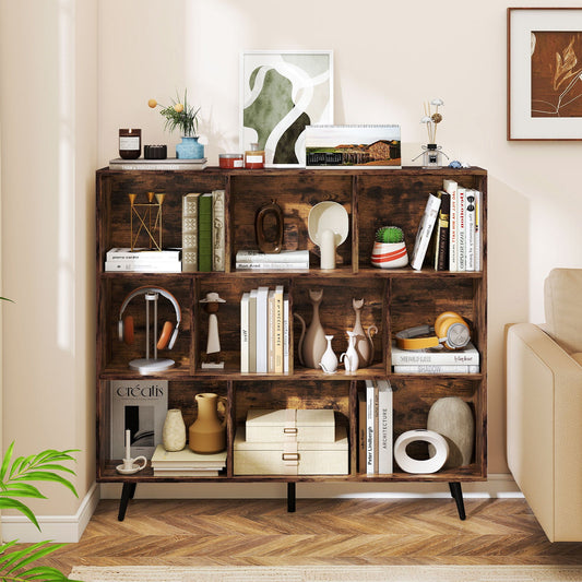 10-Cube Bookcase 120 CM Mid Century Modern Storage Organizer-Brown