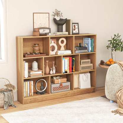 3-Tier Organizer 10-Cube Bookshelf 140CM Wood Display Shelf for Living Room-Natural