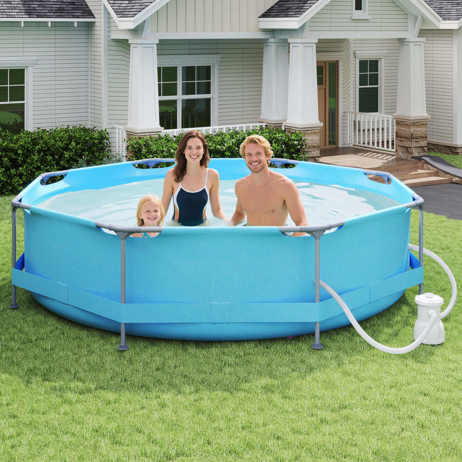 10 Feet Round Outdoor Framed Pool Set with Filter Pump