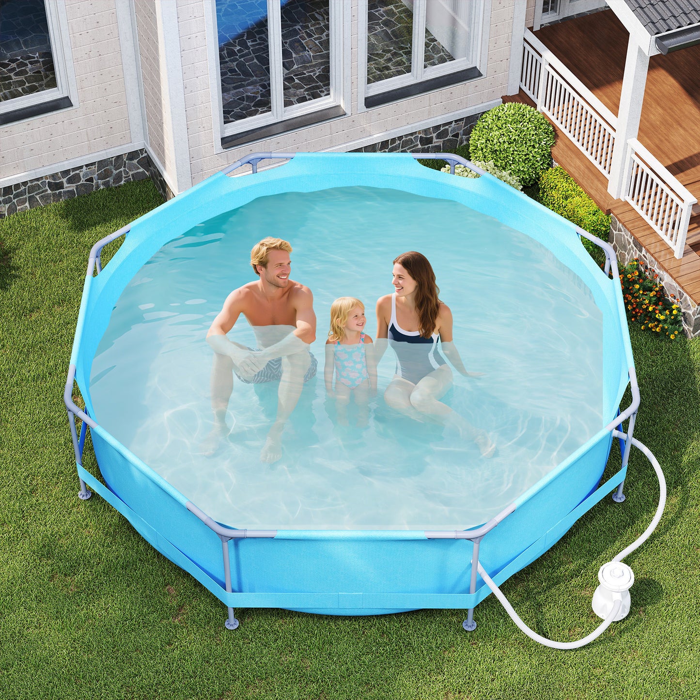 10 Feet Round Outdoor Framed Pool Set with Filter Pump