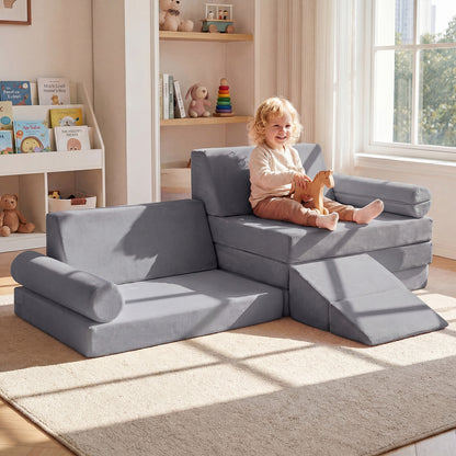 10-Piece Kids Climb and Crawl Foam Playset with Soft Crystal Velvet-Grey