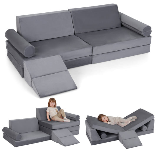 10-Piece Kids Climb and Crawl Foam Playset with Soft Crystal Velvet-Grey
