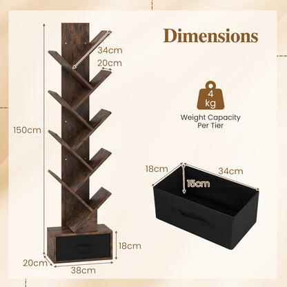 10-Tier Freestanding Tree Bookshelf with Drawer for Home Office and Living Room-Rustic Brown