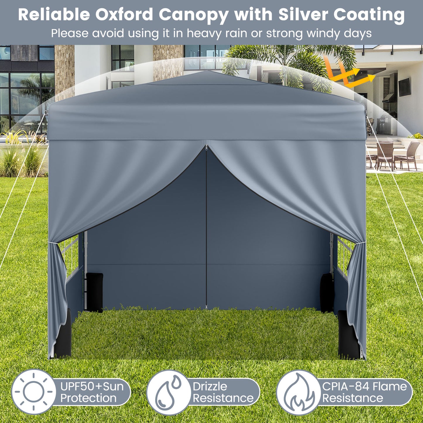 10 X 10 FT Pop up Canopy Tent Outdoor Patio Commercial Sunshade Shelter with 4 Sidewalls-Grey
