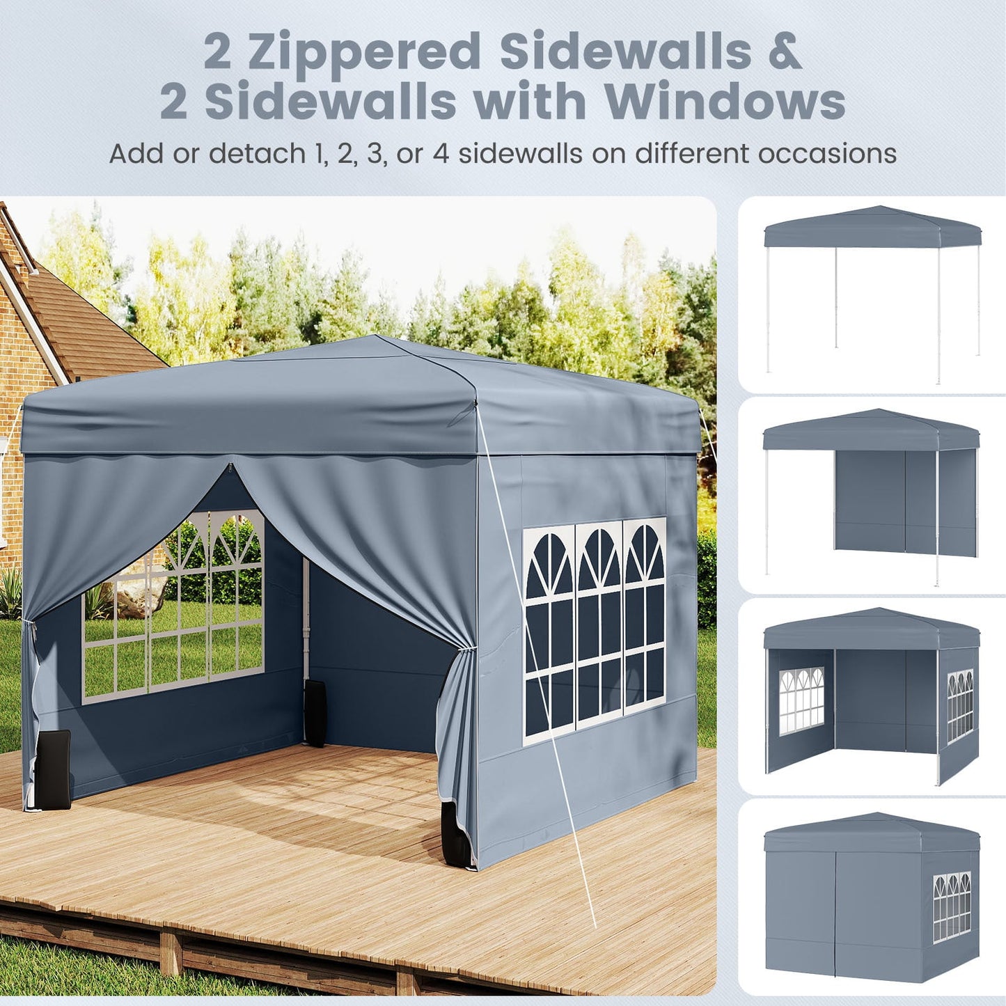 10 X 10 FT Pop up Canopy Tent Outdoor Patio Commercial Sunshade Shelter with 4 Sidewalls-Grey