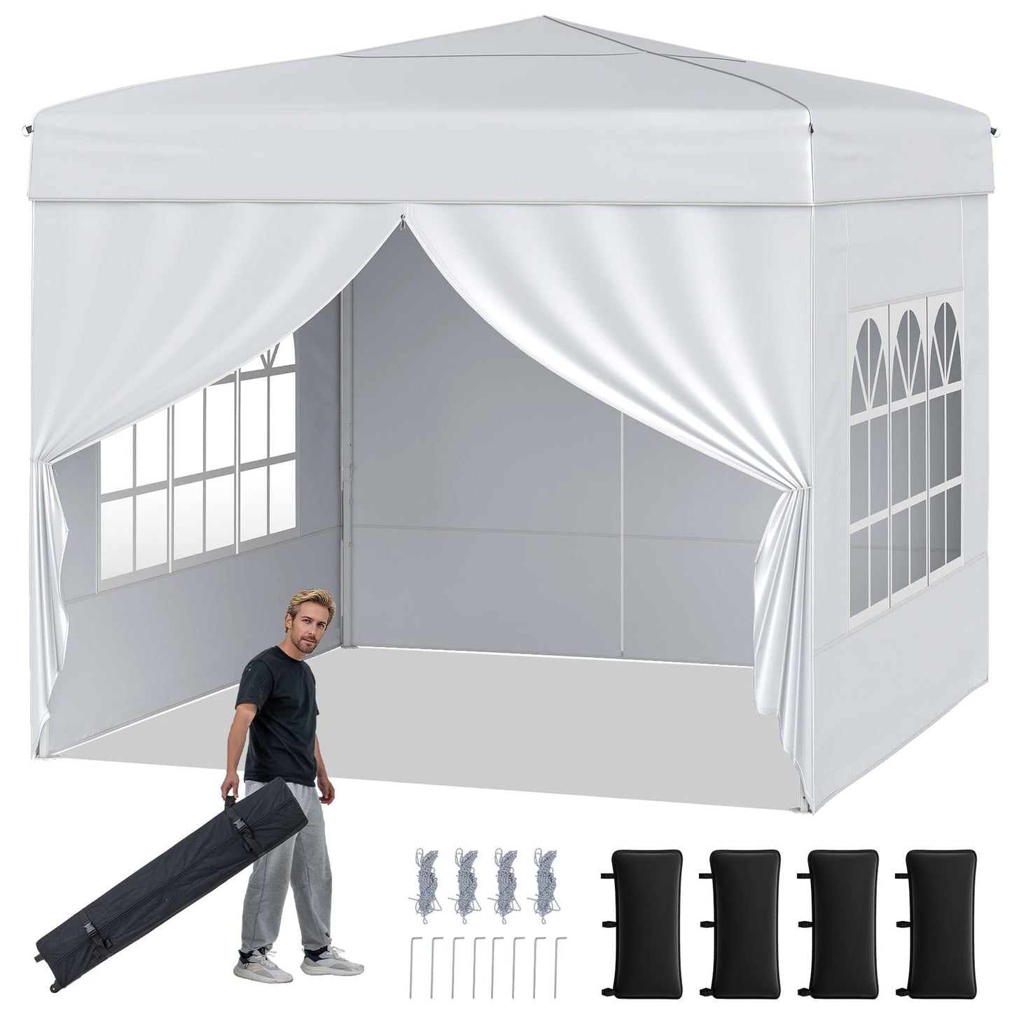 10 X 10 FT Pop up Canopy Tent Outdoor Patio Commercial Sunshade Shelter with 4 Sidewalls-White