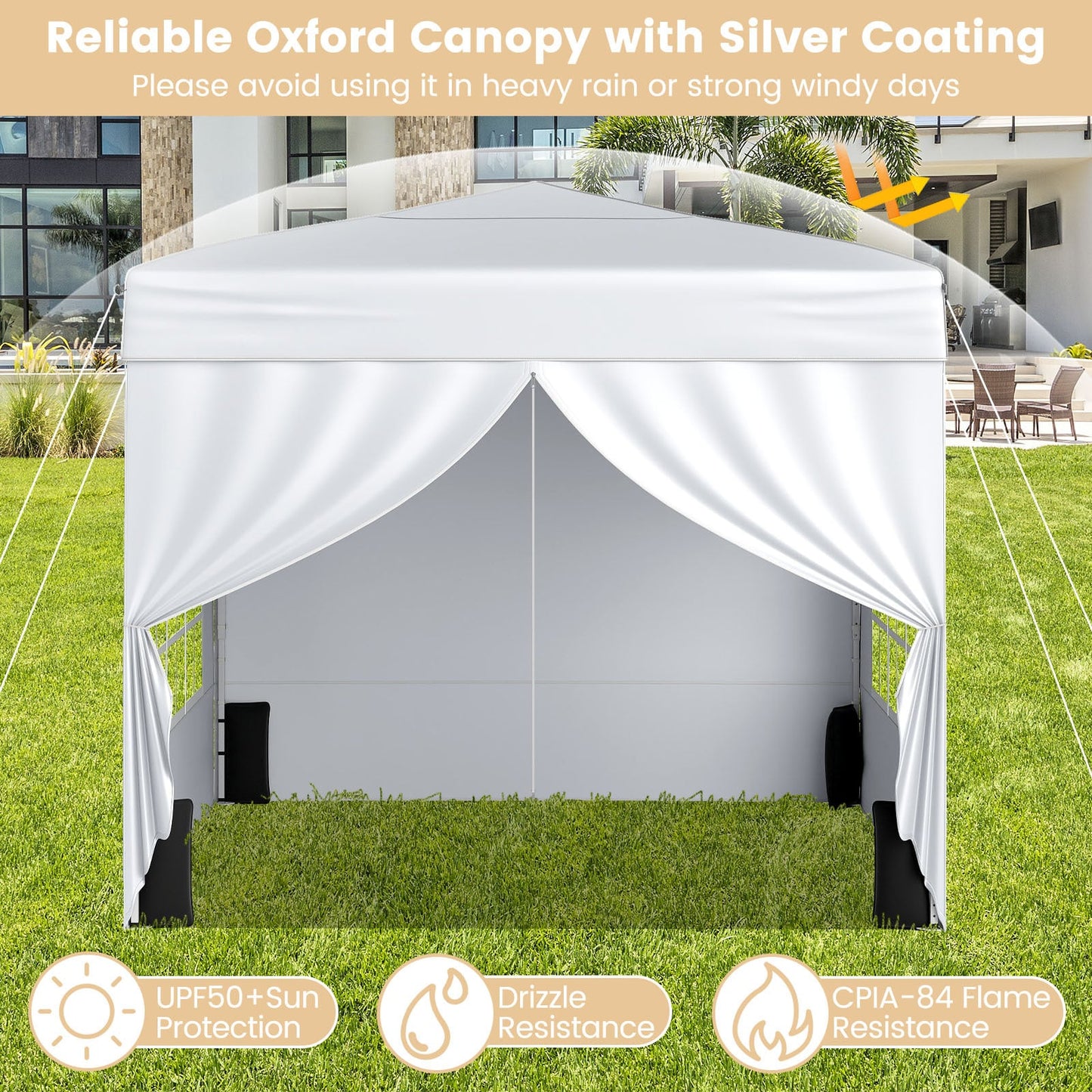 10 X 10 FT Pop up Canopy Tent Outdoor Patio Commercial Sunshade Shelter with 4 Sidewalls-White