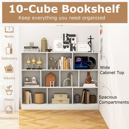 3-Tier Organizer 10-Cube Bookshelf 140CM Wood Display Shelf for Living Room-White