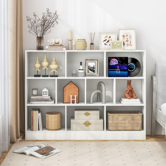 3-Tier Organizer 10-Cube Bookshelf 140CM Wood Display Shelf for Living Room-White