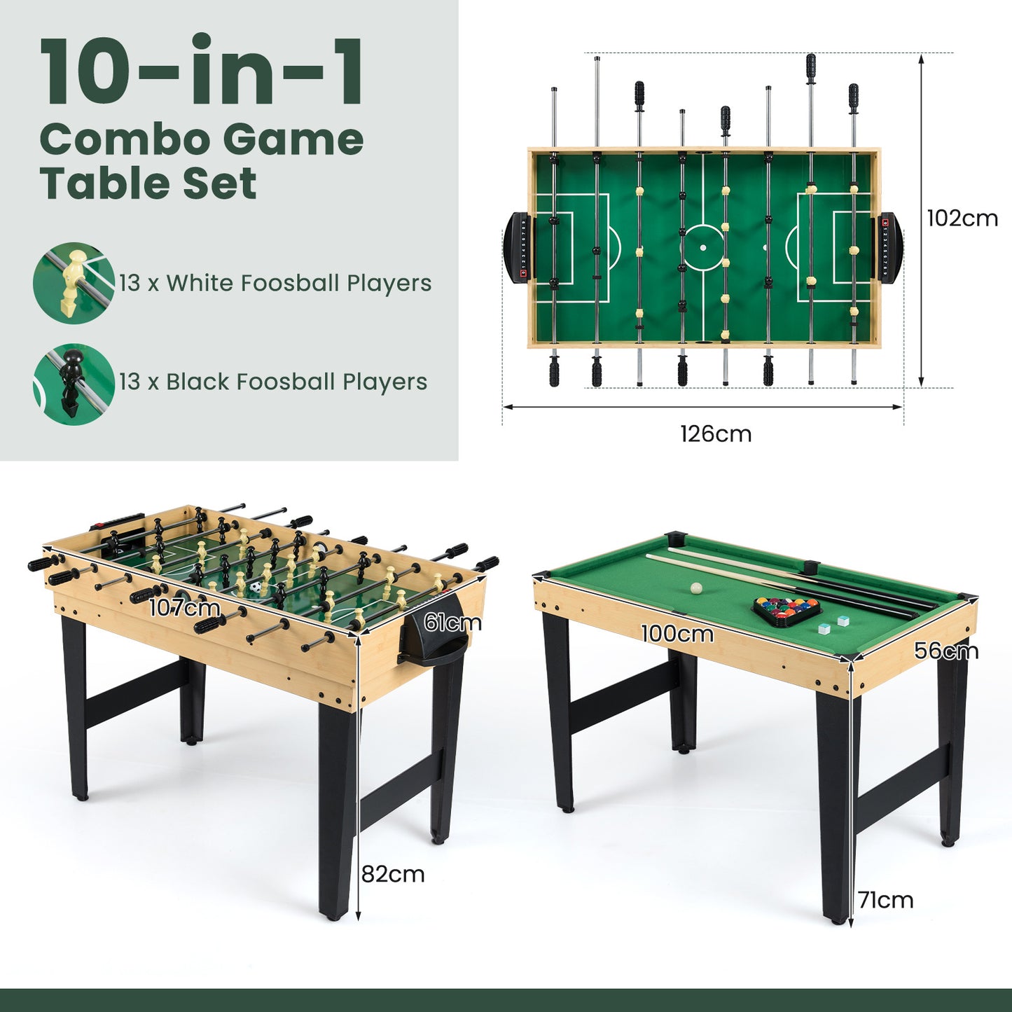 10-in-1 Combo Game Table Set with Foosball and Air Hockey-Natural