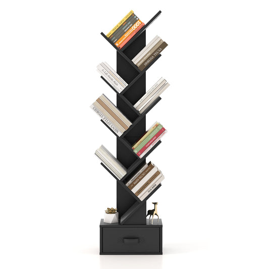 10-Tier Freestanding Tree Bookshelf with Drawer in Black