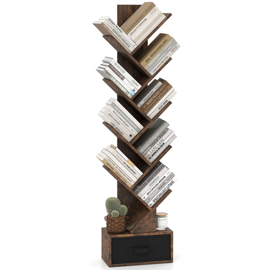 10-Tier Freestanding Tree Bookshelf in Rustic Brown
