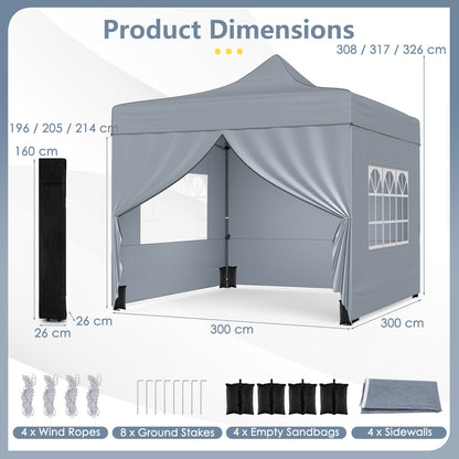 10 x 10 Feet Pop up Canopy Tent with 4 Removable Sidewalls-Grey