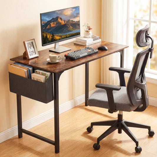 100 CM Computer Desk with Storage Bag and Hanging Hook-Rustic Brown