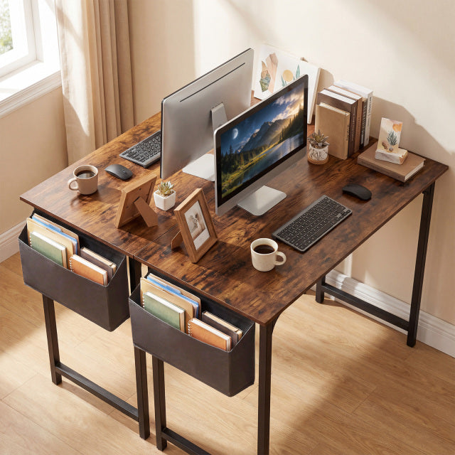 100 CM Computer Desk with Storage Bag and Hanging Hook-Rustic Brown