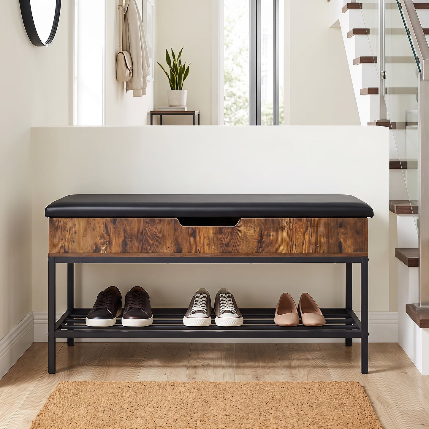 100 CM Shoe Storage Bench with Shelf & Lift Top for Entryway Living Room Bedroom-Rustic Brown