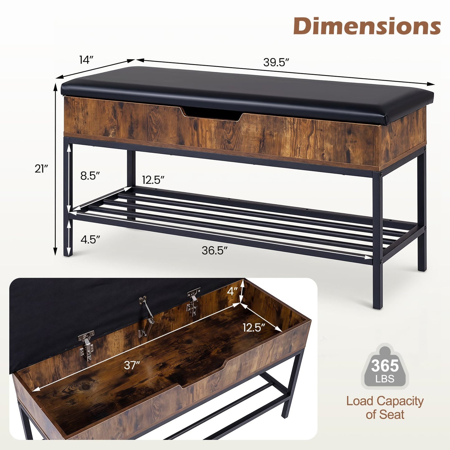 100 CM Shoe Storage Bench with Shelf & Lift Top for Entryway Living Room Bedroom-Rustic Brown