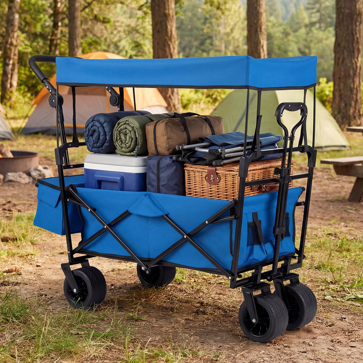 100 L Folding Garden Cart with Adjustable Handles and Canopy-Blue