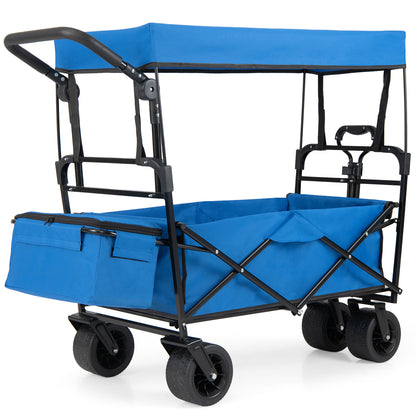 100 L Folding Garden Cart with Adjustable Handles and Canopy-Blue