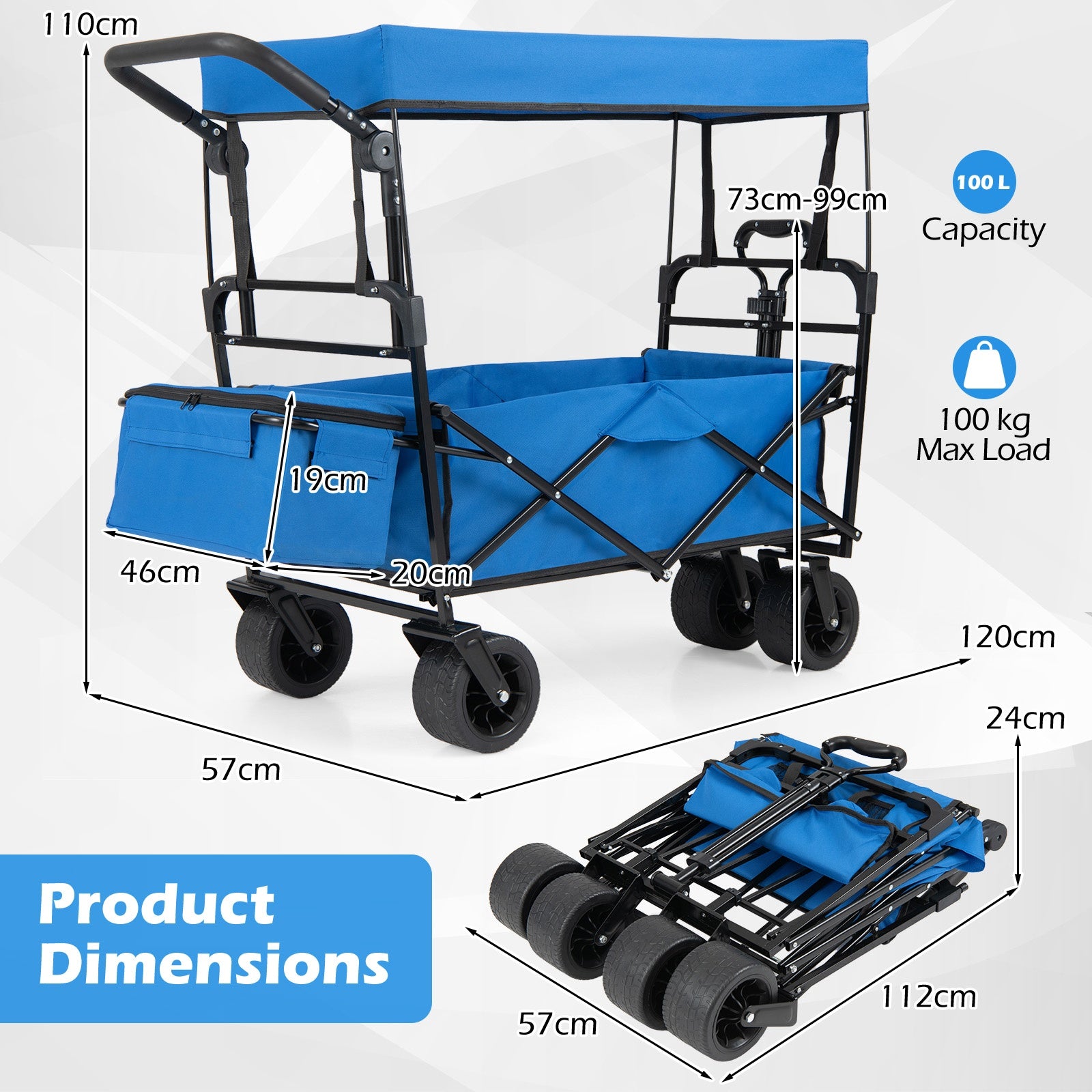 100 L Folding Garden Cart with Adjustable Handles and Canopy-Blue