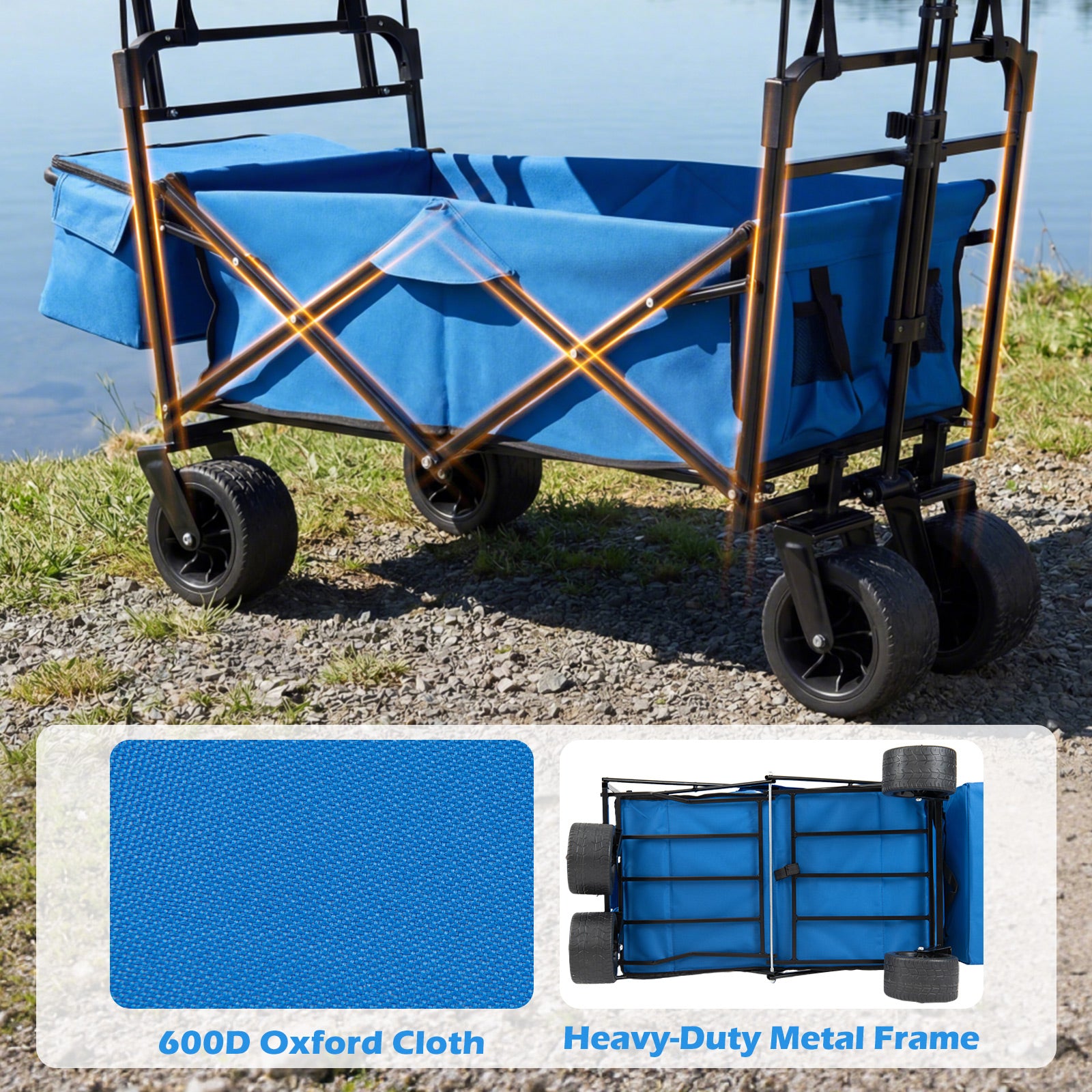 100 L Folding Garden Cart with Adjustable Handles and Canopy-Blue