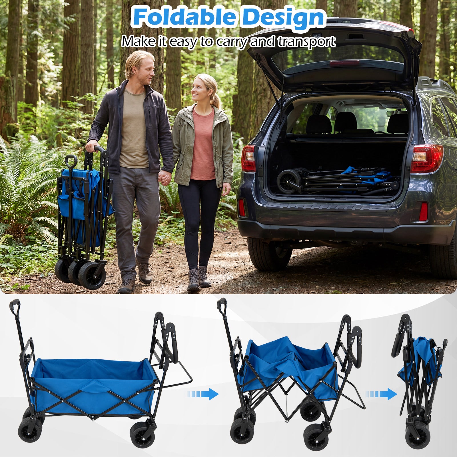 100 L Folding Garden Cart with Adjustable Handles and Canopy-Blue