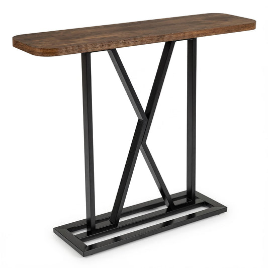 100 cm Rectangular Console Table with Geometric Metal Frame in Rustic Brown