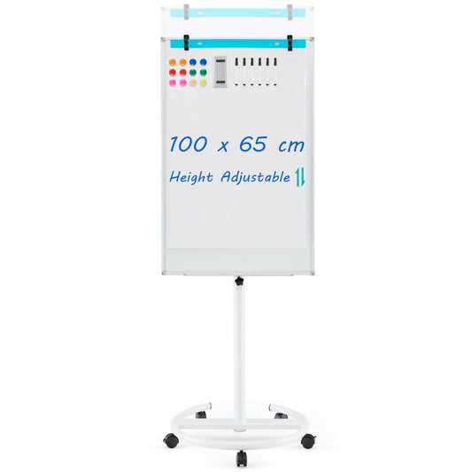 Height-Adjustable Magnetic Whiteboard on Wheels in White