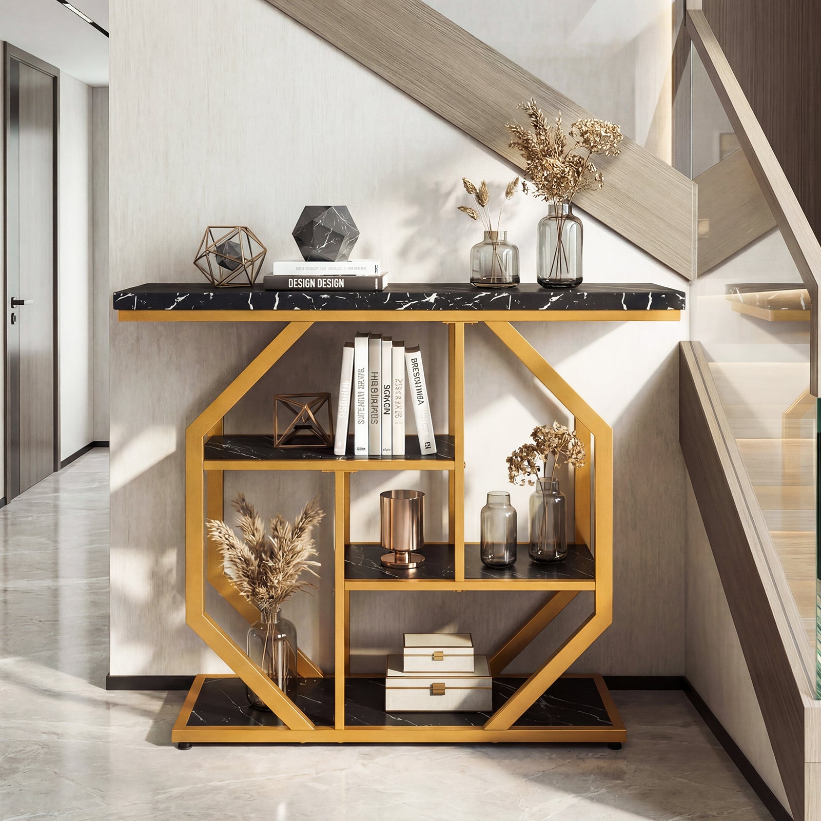 100CM 4-Tier Modern Entryway Table with Storage Shelves for Hallway-Black & Gold