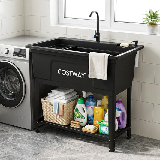 100L Utility Sink Laundry Tub with Rotating Faucet Storage Shelf Drip Tray Adjustable Legs-Black