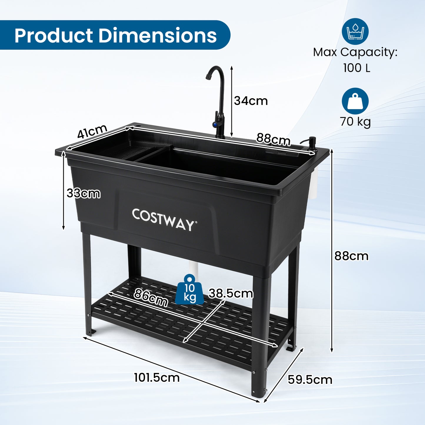100L Utility Sink Laundry Tub with Rotating Faucet Storage Shelf Drip Tray Adjustable Legs-Black