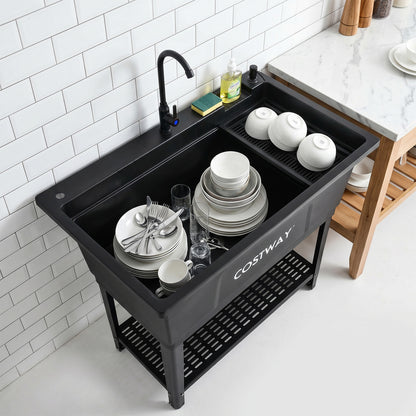100L Utility Sink Laundry Tub with Rotating Faucet Storage Shelf Drip Tray Adjustable Legs-Black