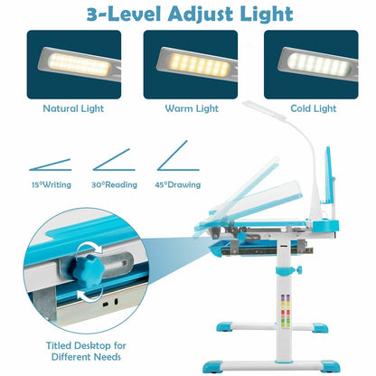 Height Adjustable Kid's Tilted Desk Set with Lamp & Drawer-Blue