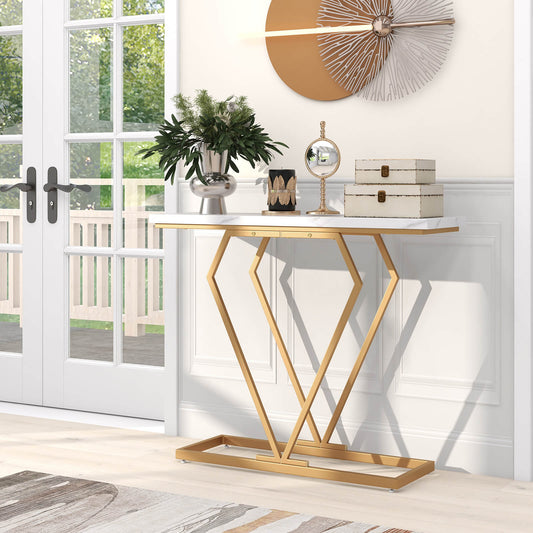 100 cm Gold Console Table with Diamond Shape Geometric Frame-White & Golden