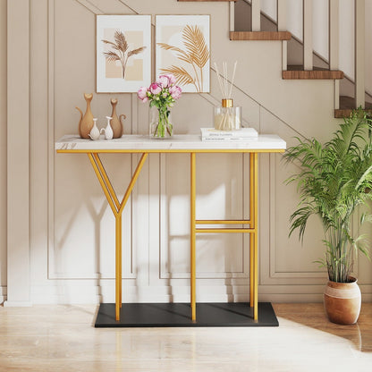 100 CM Console Table with HY-Shaped Metal Frame for Hallway Living Room-White