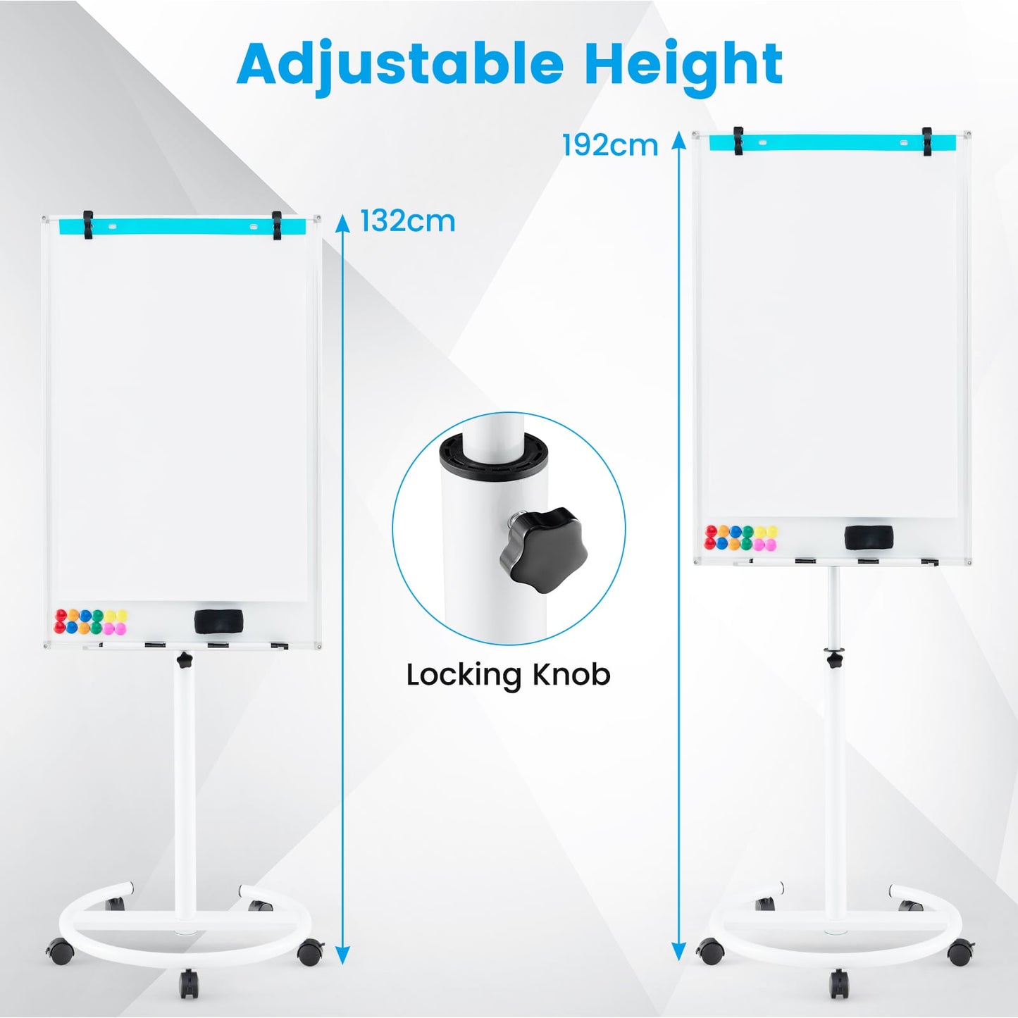 100 cm x 65 cm Height-Adjustable Magnetic Whiteboard on Wheels-White