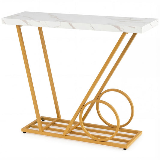 100CM Modern Faux Marble Console Table with Cart-inspired Design in White